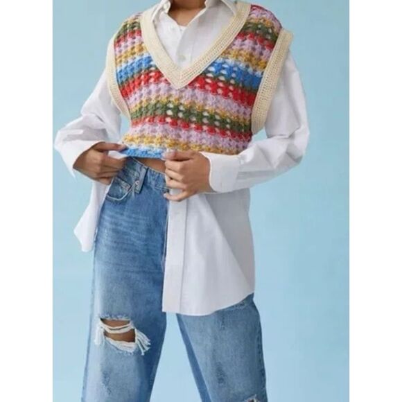 BDG Leigh Cropped Sweater Vest • Multi Color / Rainbow • Striped Crochet size xs - Picture 7 of 8